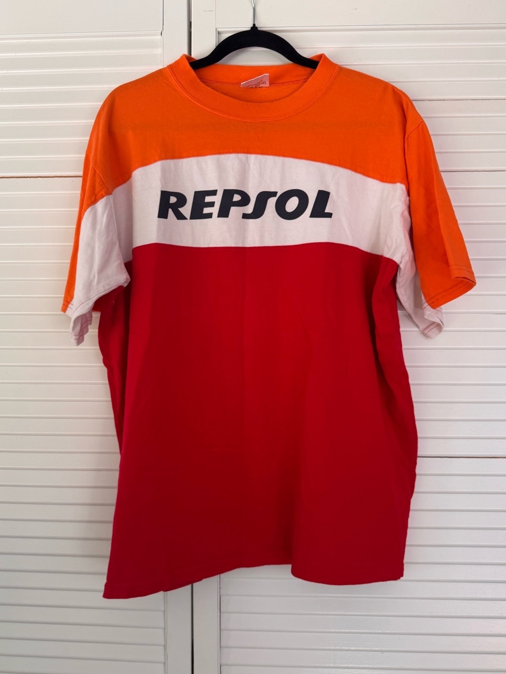 Repsol Colorblock Logo Tee in Orange, White & Red 100% Cotton